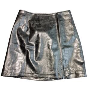 Smoke Faux Leather Mini Skirt Crocodile Embossed A-Line Black Womens Size L NWT